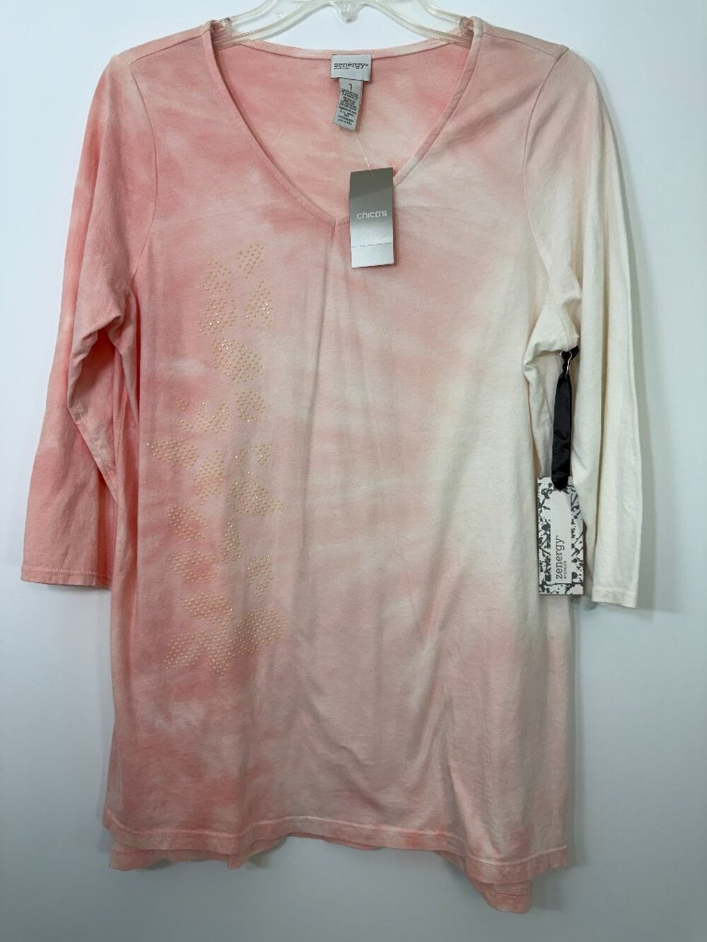 New! Chicos Blouse Size 1 Medium Cotton Knit Pullover Sparkle Pink White Knit